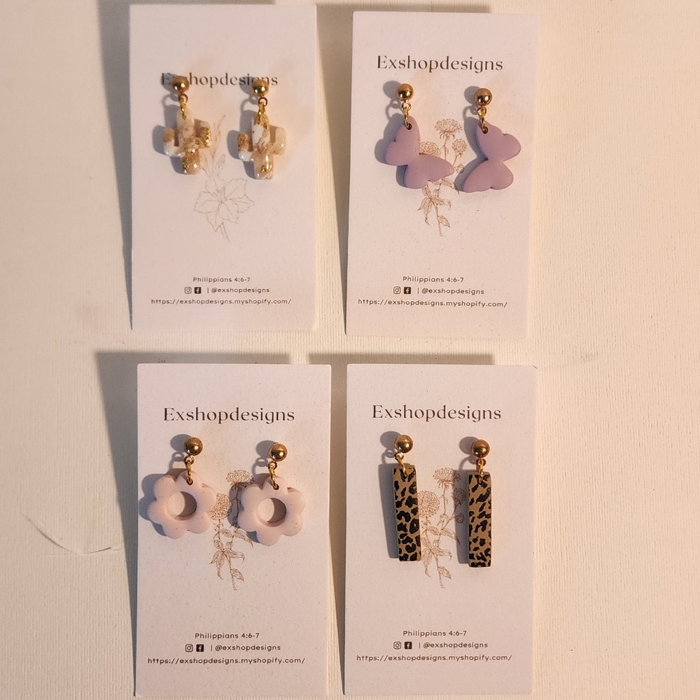 NWT Esty Earrings made of clay (cheetah print, butterfly, cactus and flower.)